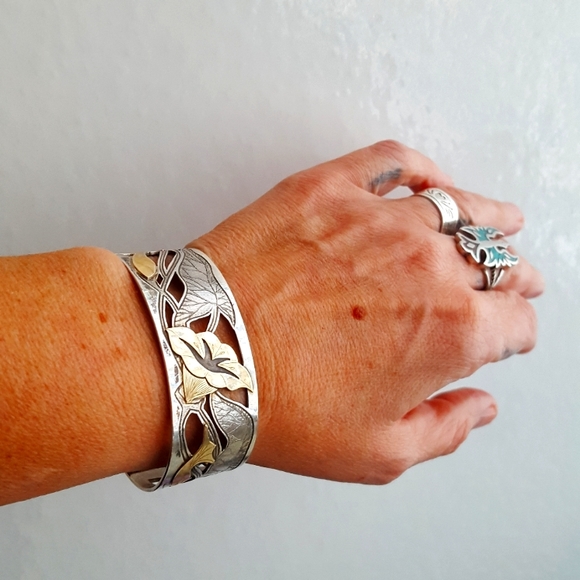 🌙14k & Sterling Cuff Vintage Estate Bracelet - Picture 2 of 11